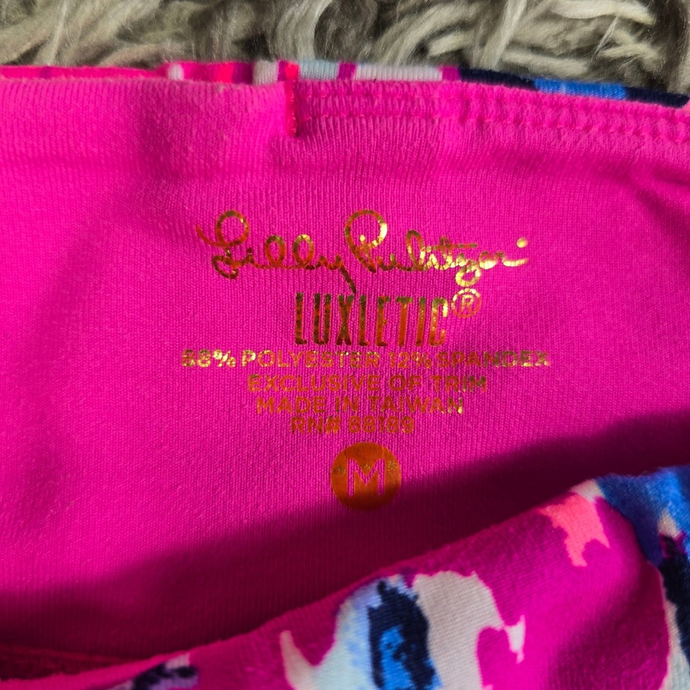 Lilly Pulitzer Luxletic Cropped Leggings Medium Pink Blue Abstract Strappy Hem - Picture 3 of 9